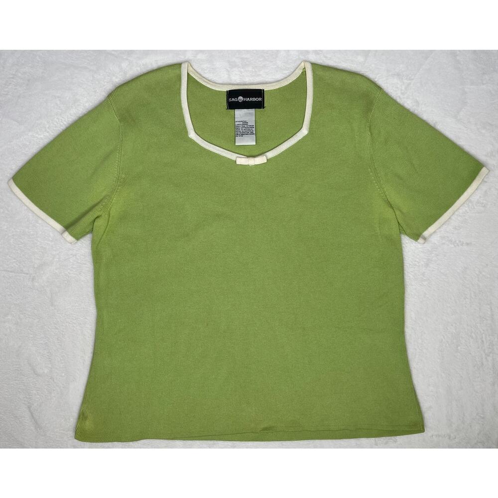 VTG Sag Harbor Pistachio Green Short Sleeve Bow Sweater 90s Coquette sz L Preppy